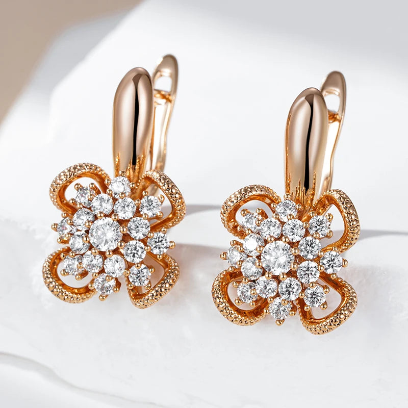 Kinel Rose Gold Flower Earrings with Natural Zircon Hollow Design for Women - Unique Crystal Wedding Jewelry Gift