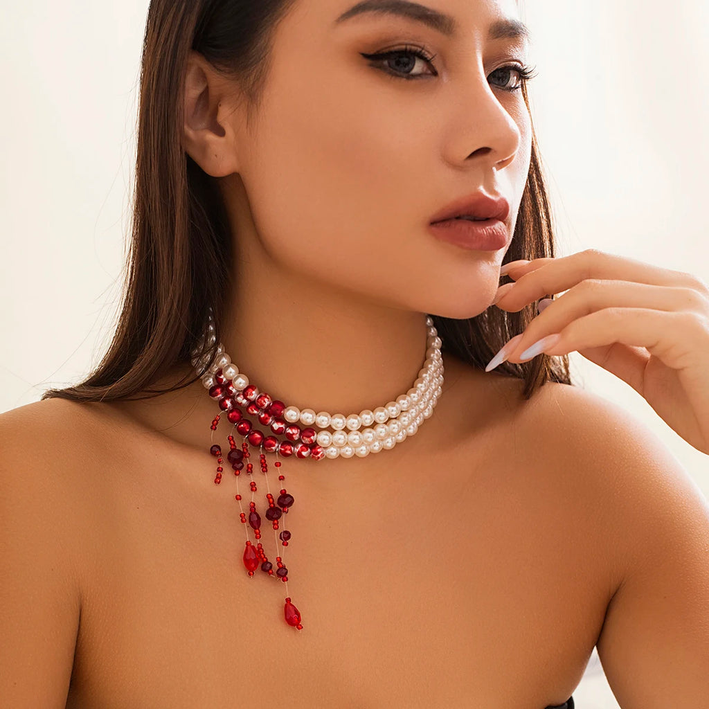 Multilayer Gothic Pearl Tassel Necklace with Vintage Red Blood Pattern and Crystal Bead Chain for Women - Perfect Halloween Jewelry