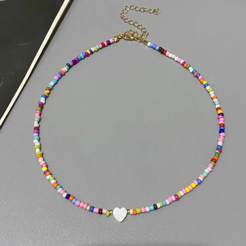 Nature Shell Heart Choker Necklace - Colorful Glass Beads Spring Summer Fashion Accessory for Girls, Perfect Gift for Friends
