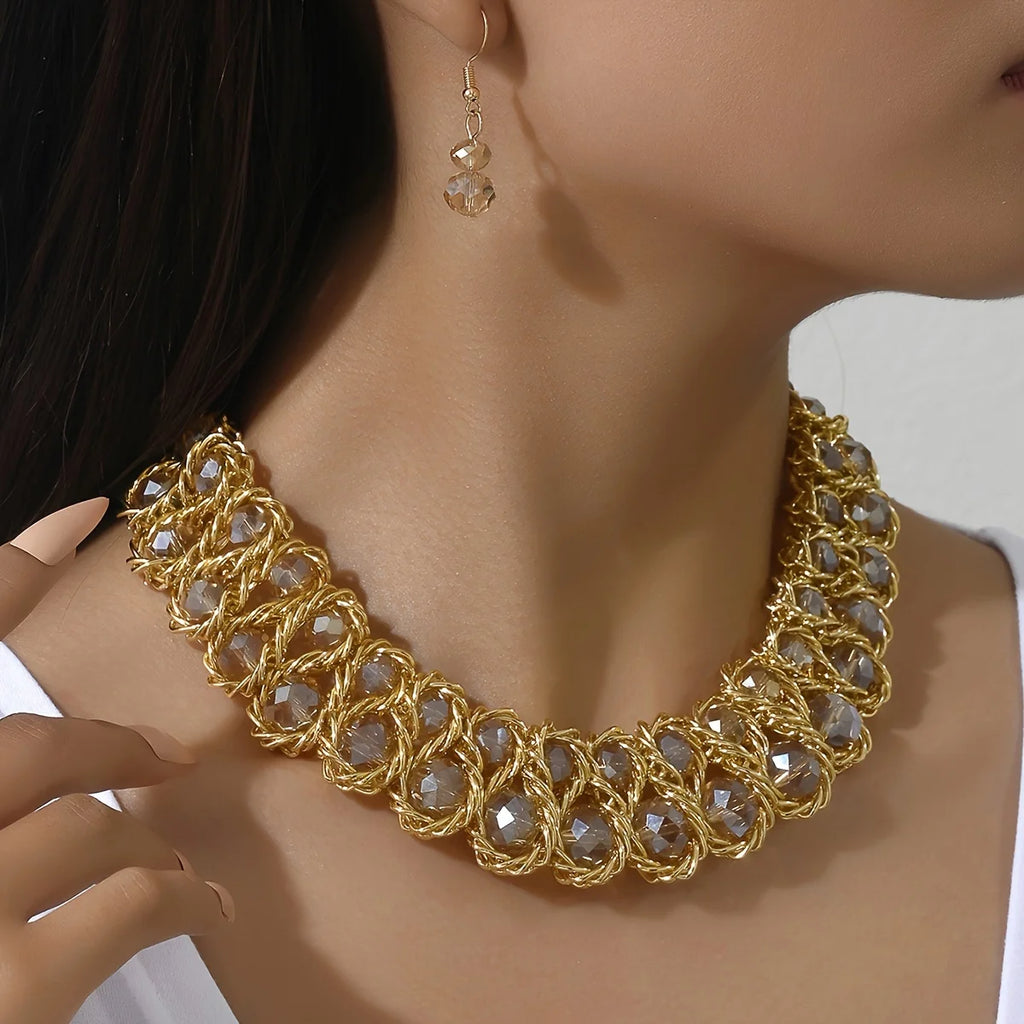 Boho Jewelry Set with Rhinestones: 1 Pair of Earrings + 1 Collar for Daily Party Accessories
