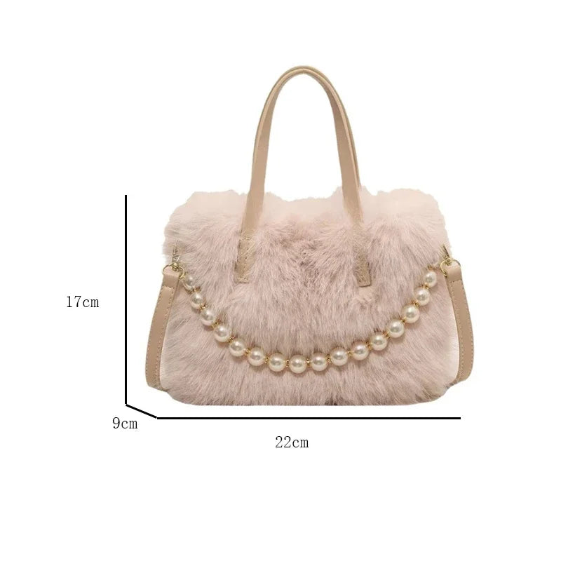 Winter Fashion Faux Fur Crossbody Bags with Pearl Chain Decor for Women’s Gifts, Ladies Handbags Top-Handle Style
