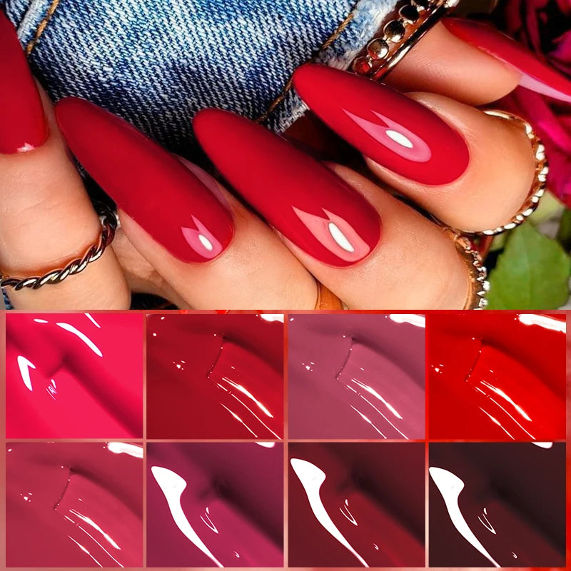 MEET ACROSS 7ml Red Gel Nail Polish - Crystal Semi Permanent Soak Off UV Gel Varnish for Stunning Nail Art Manicure with Matte Top Coat