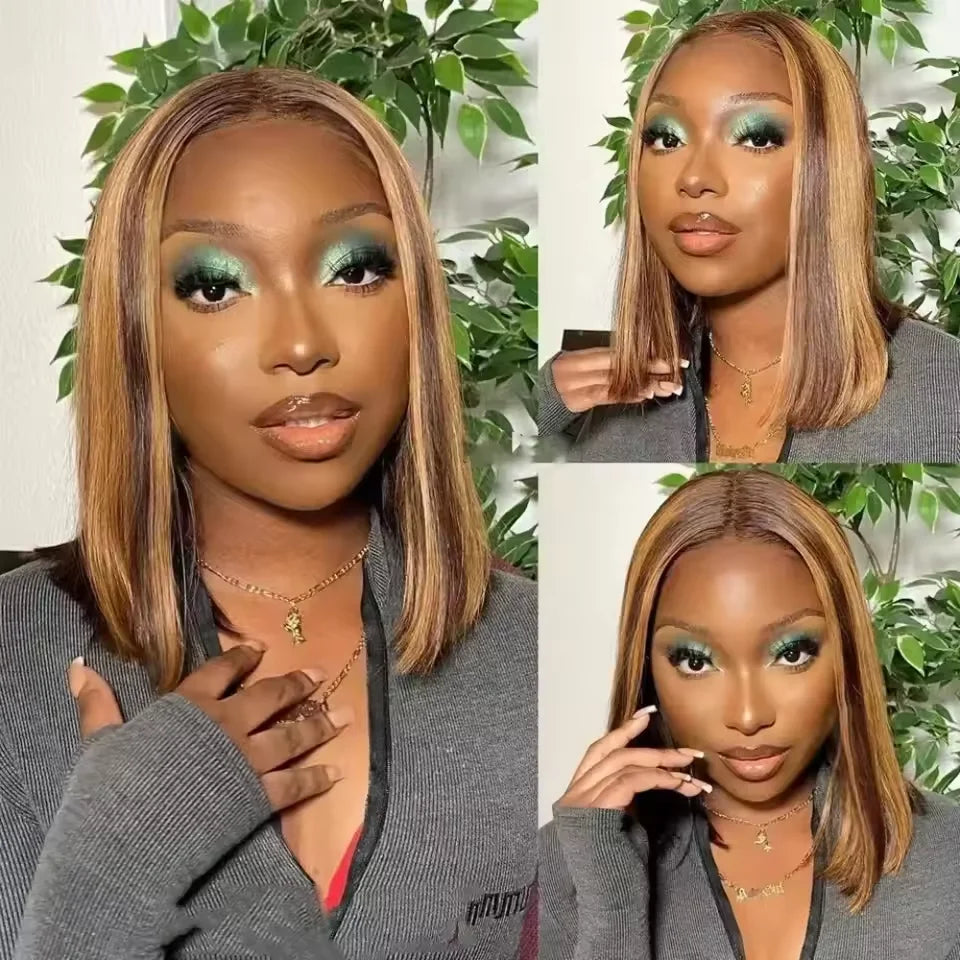 100% Human Hair Bob Wigs 4/27 - 13x4 Lace Frontal Wig Ready Wear, 220 Density for Black Women Gold Color