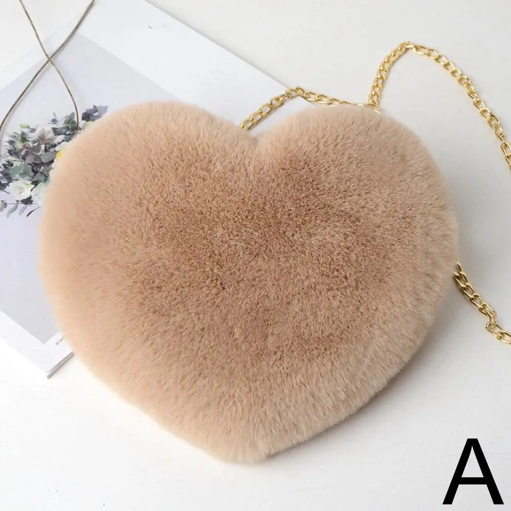 Fashion Women's Heart Shaped Handbags Cute Faux Fur Chain Shoulder Totes Crossbody Plush Bag