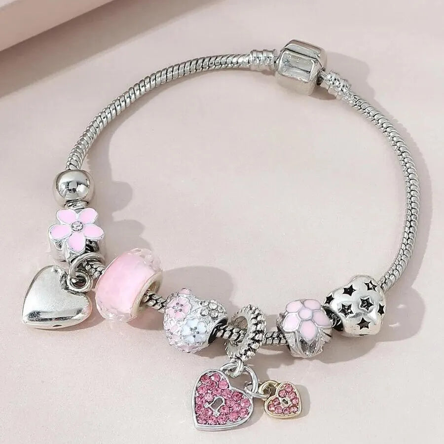 Obega Floral Heart Flower Crystal Charm Bracelet