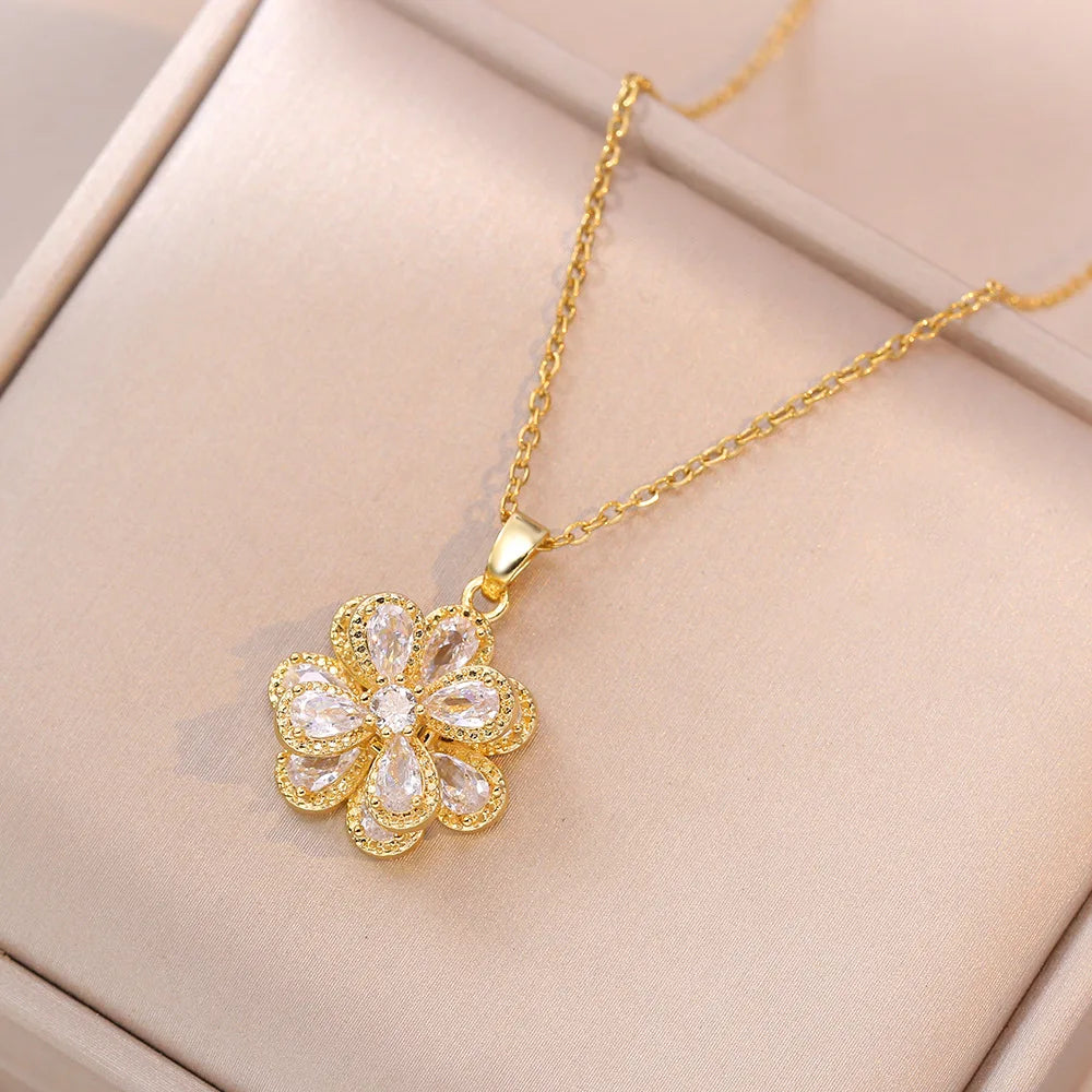 Light Luxury Zircon Flower Pendant Necklace for Women - Gold Color High-Quality Chain Jewelry Party Gifts