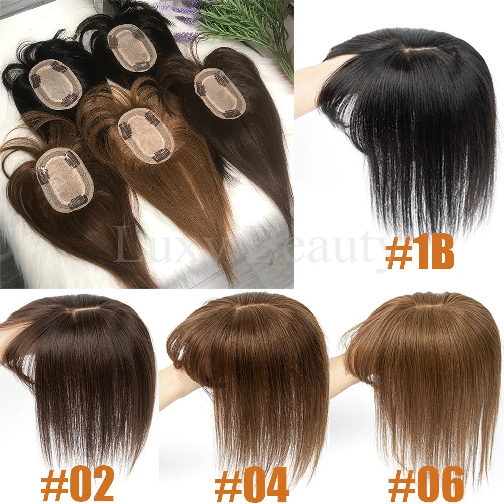 Brown Human Hair Topper with Bangs for Women - 8cmX12cm with Black Highlights for Blonde Skin, Clip-in Hair Piece