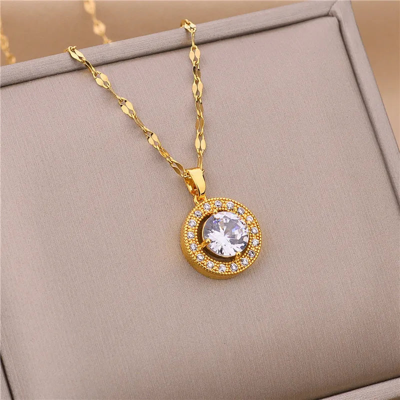 New Light Luxury Zircon Crystal Stainless Steel Necklace for Women - Korean Fashion Sweet Sexy Clavicle Chain Jewelry