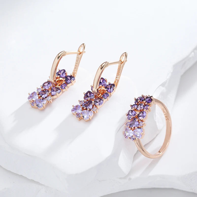 Kinel Hot Shiny Purple Zircon Drop Earrings for Women - 585 Rose Gold Wedding Jewelry Gift
