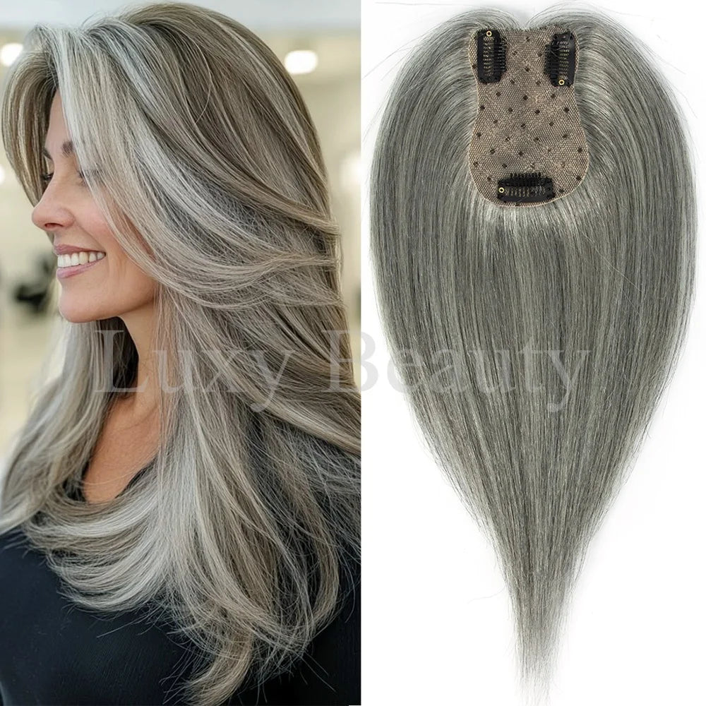 Gray Human Hair Topper for Women - 100% Natural Human Hair Clip-In Hairpiece in Black, Blonde, and Brown