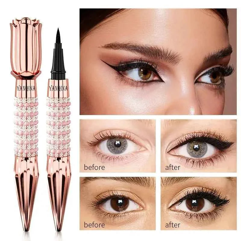 Precision Black Liquid Eyeliner with Rhinestones - Long-Lasting Waterproof Quick-Dry Eye Makeup