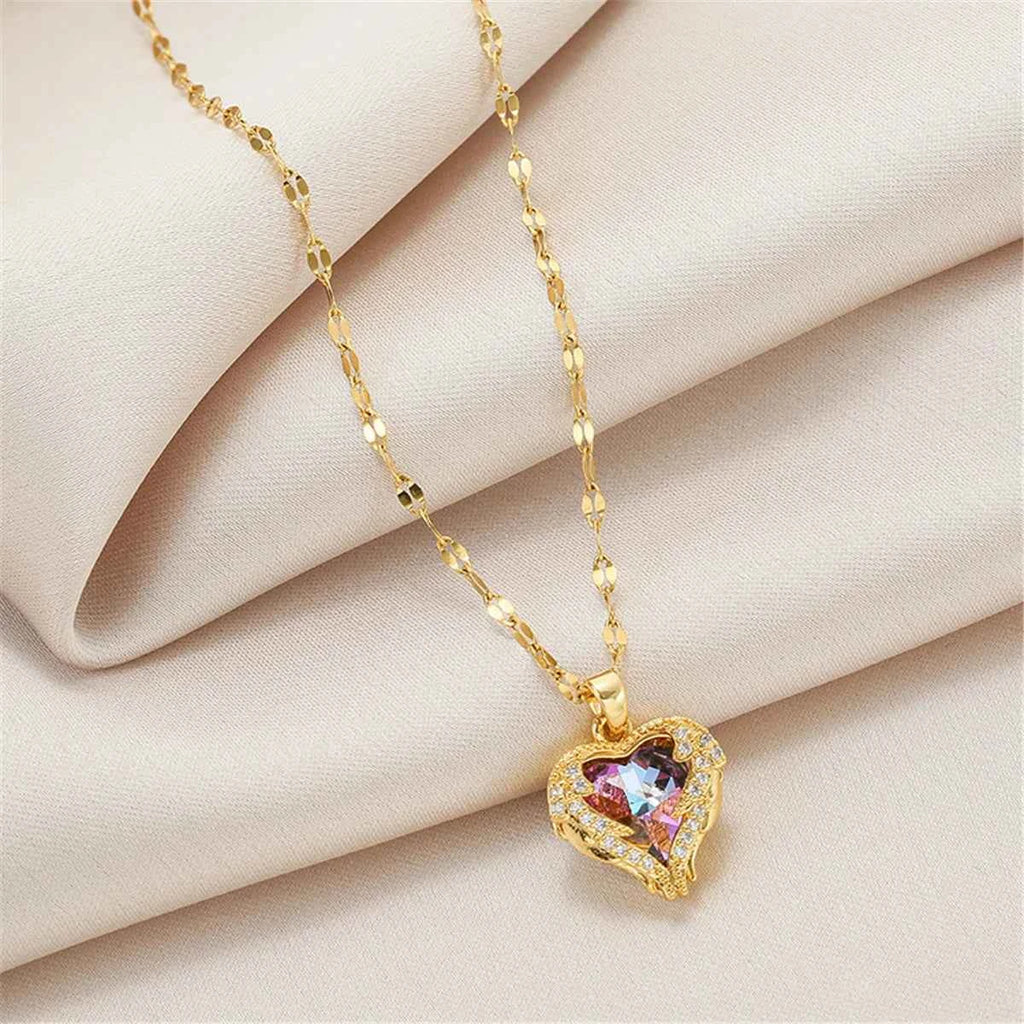 Top Luxury Crystal Heart Necklace - Colorful Ocean Pendant for Women in 316L Stainless Steel