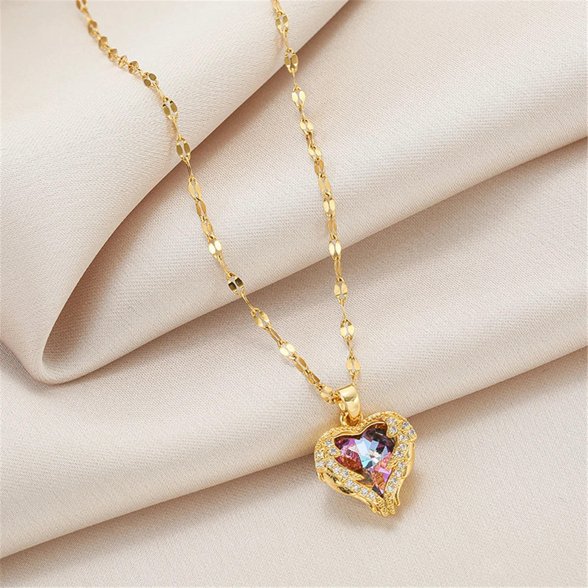 Top Luxury Crystal Heart Necklace - Colorful Ocean Pendant for Women in 316L Stainless Steel