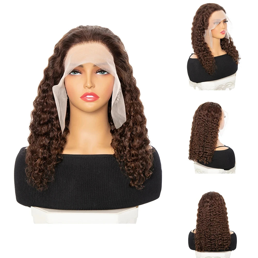 Chocolate Brown Deep Wave Wig - 13x4 Transparent Lace Front with Brazilian Human Hair Curl #4