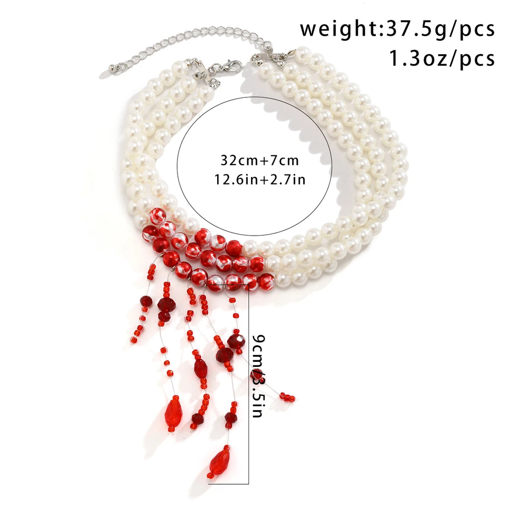 Multilayer Gothic Pearl Tassel Necklace with Vintage Red Blood Pattern and Crystal Bead Chain for Women - Perfect Halloween Jewelry