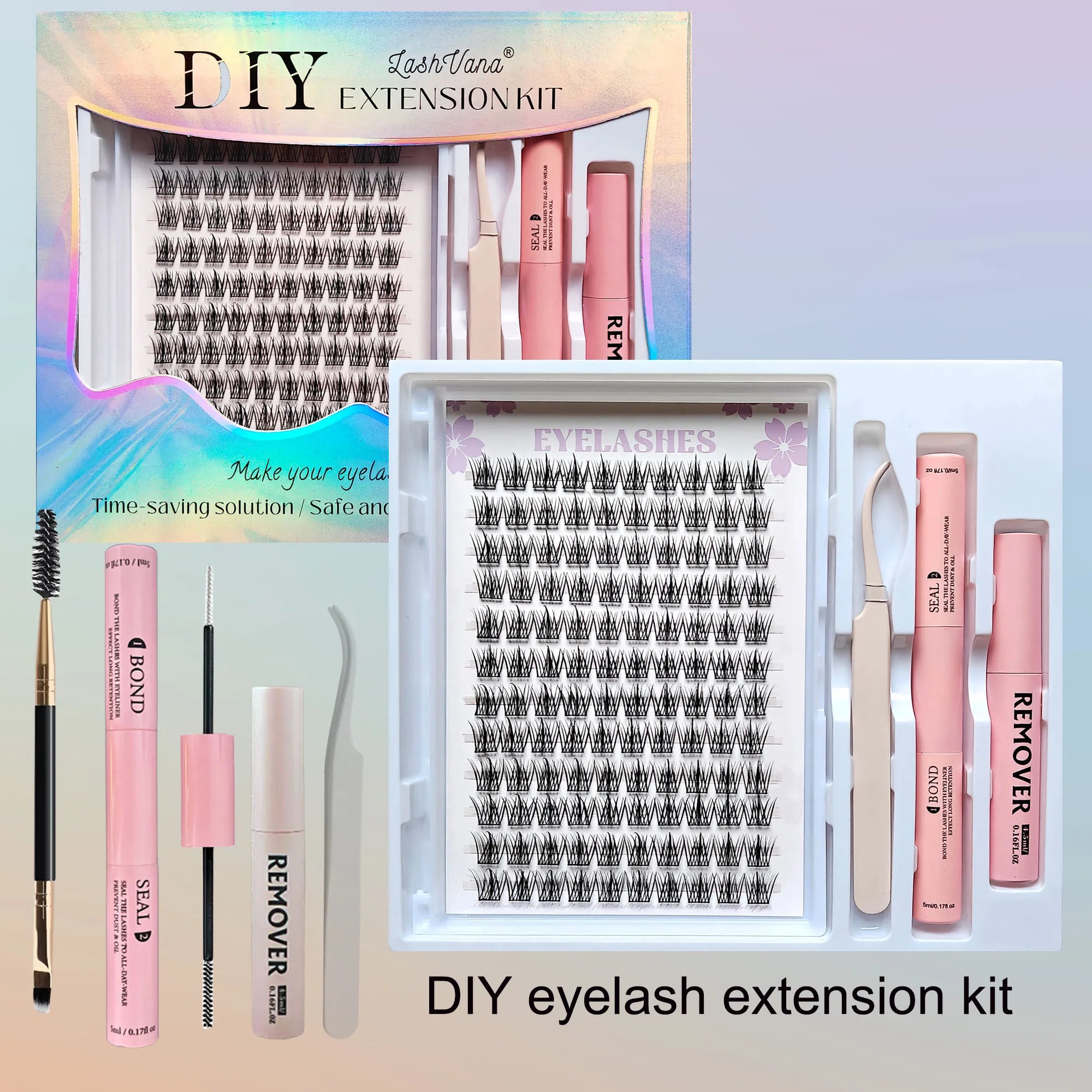Lash Clusters Extensions Kit with Fake Eyelashes, Lash Bond Seal, and Applicator Tool