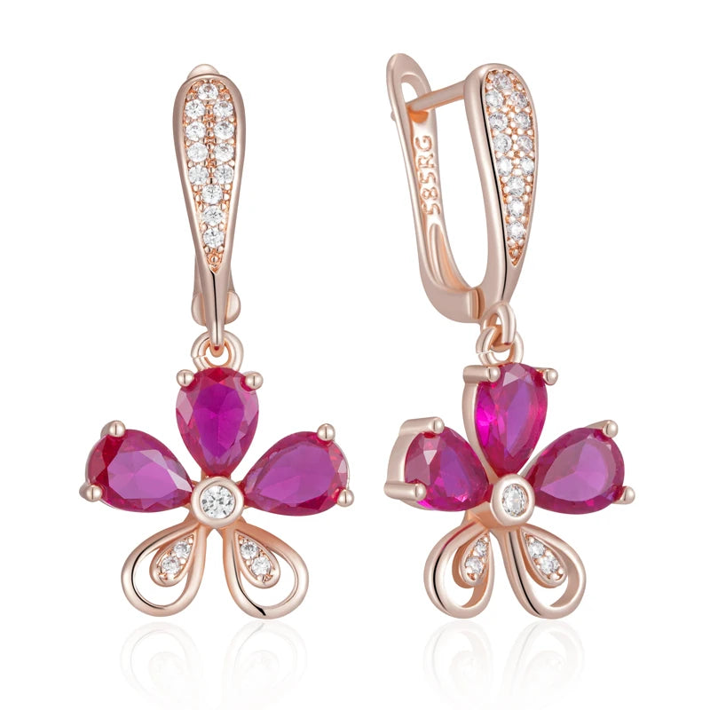 Kinel Red Zircon Drop Earrings - Fashion 585 Rose Gold Color Crystal Flower Accessories for Women