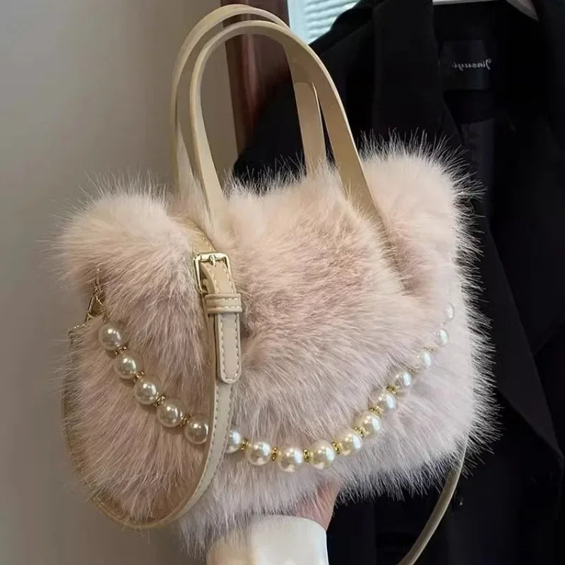 Winter Fashion Faux Fur Crossbody Bags with Pearl Chain Decor for Women’s Gifts, Ladies Handbags Top-Handle Style