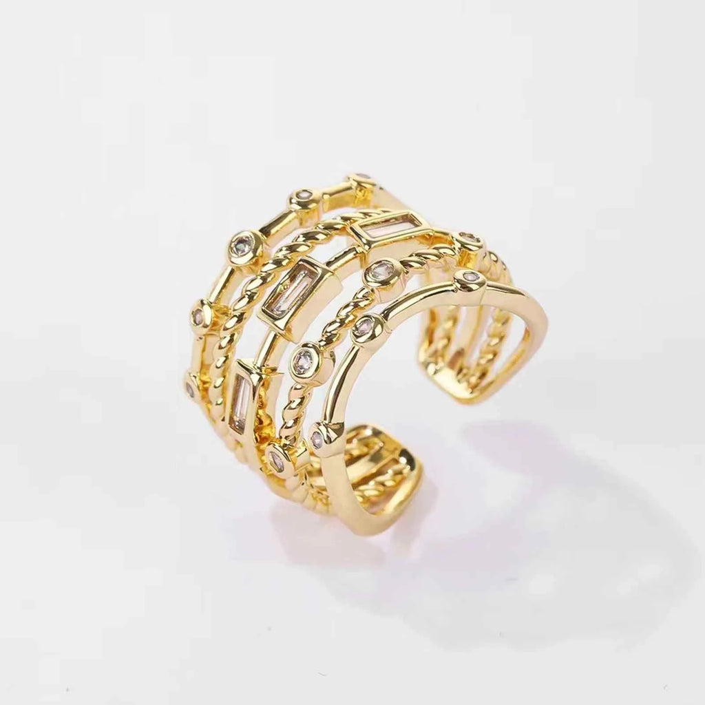 18K Gold Plated Sun Rings for Women with Natural Stone Inlaid in Hollow Metal Texture - Trendy Jewelry