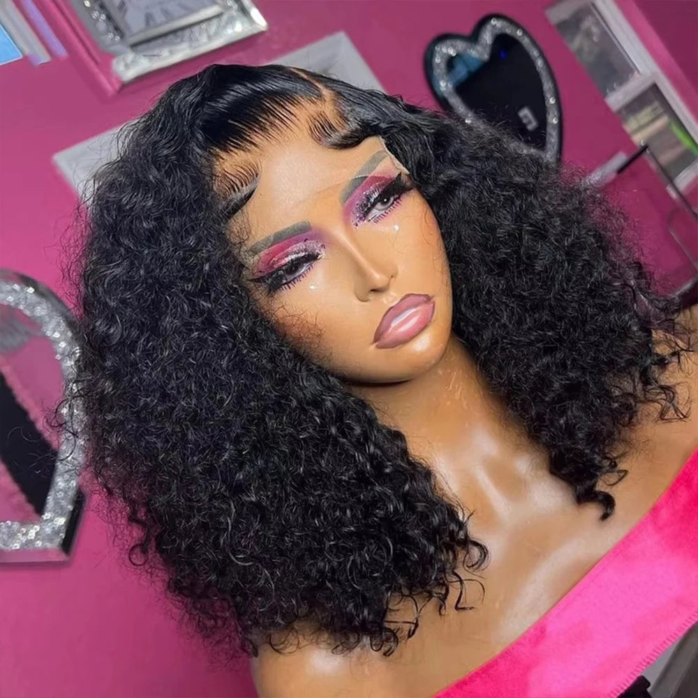 100% Human Hair Kinky Curly Bob Wig - 13x4 Transparent Lace Front, 12-14 Inches, 220% Density, Pre-Plucked Deep Wave