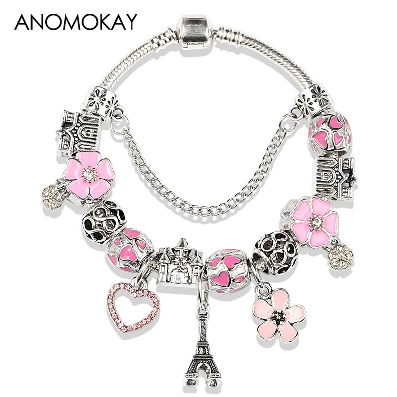 Valentine's Heart Crystal Bracelet - Elegant Pink Charm Bracelet for Loved Ones