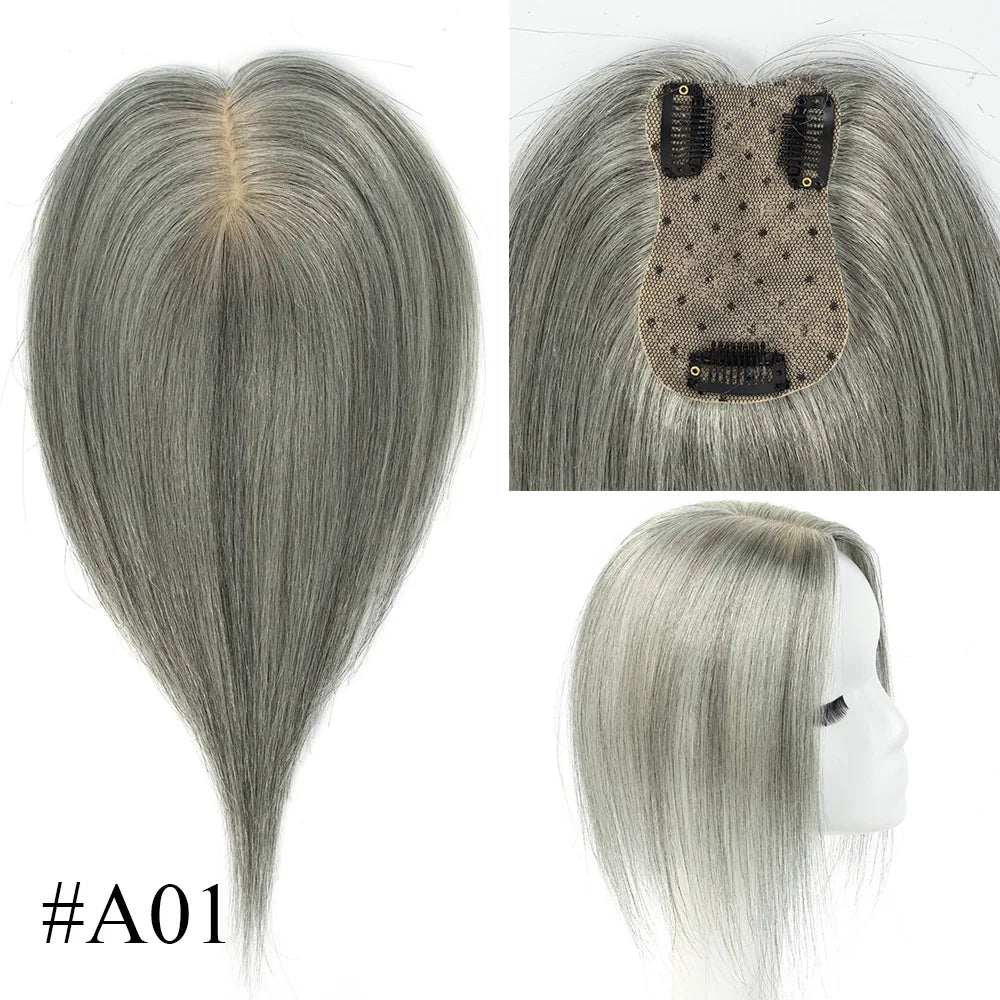 Gray Human Hair Topper for Women - 100% Natural Human Hair Clip-In Hairpiece in Black, Blonde, and Brown
