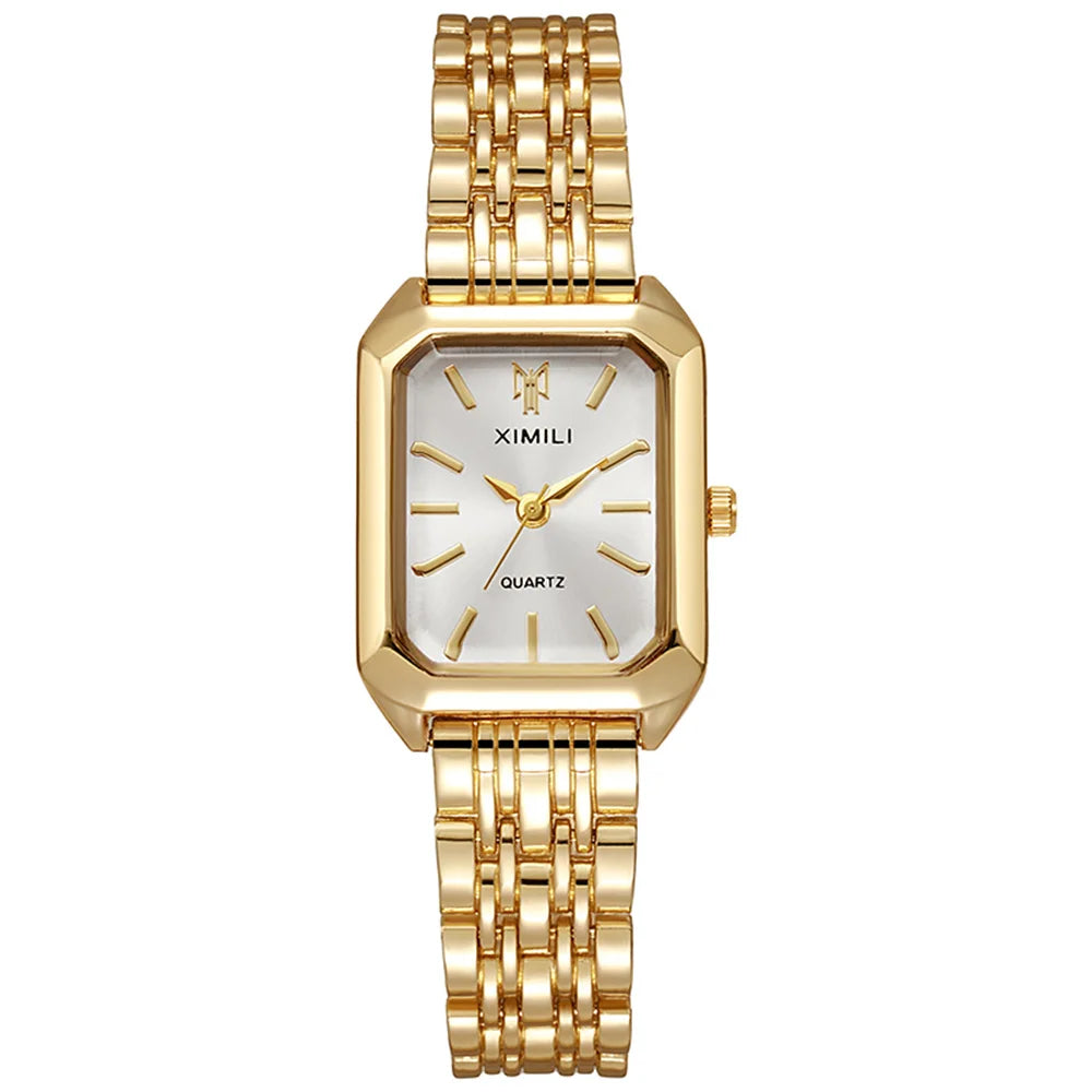 Luxury Ladies Quartz Watch - Simple Scale Square Gold Plated Business Stainless Steel Folding Clock
