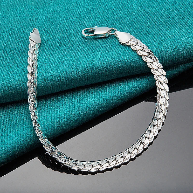 Fashion Hot 925 Silver Bracelet 6mm Flat Side Chain with Lobster Clasp for Women and Men, Perfect Wedding Engagement Jewelry Gift