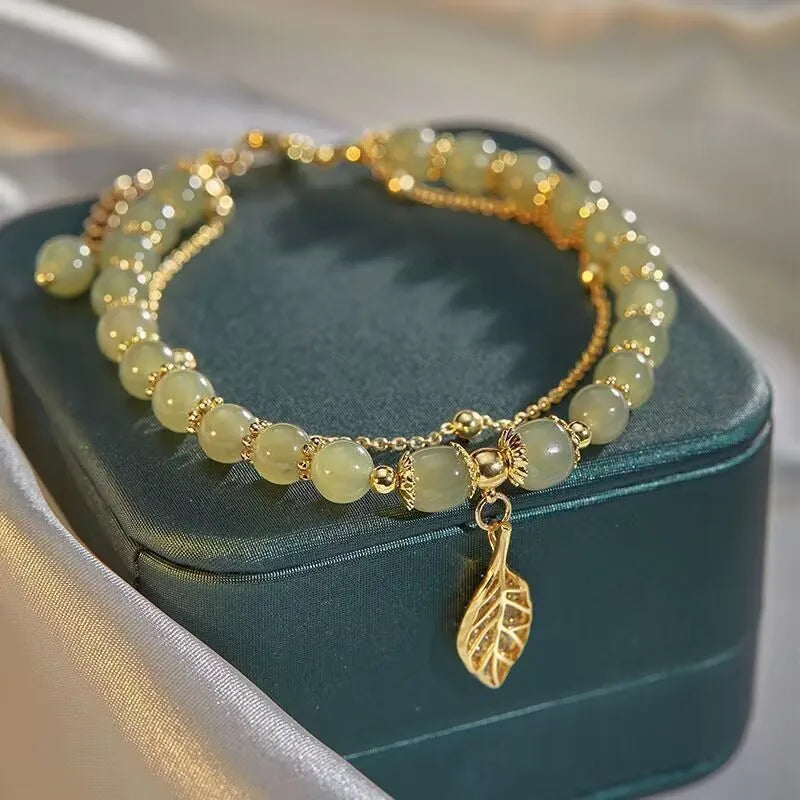 2026 Chinese Green Jade Bracelet for Women with Exquisite Gold Color Leaves – Double Chain Bangle Wrist Strap Gift for Girls