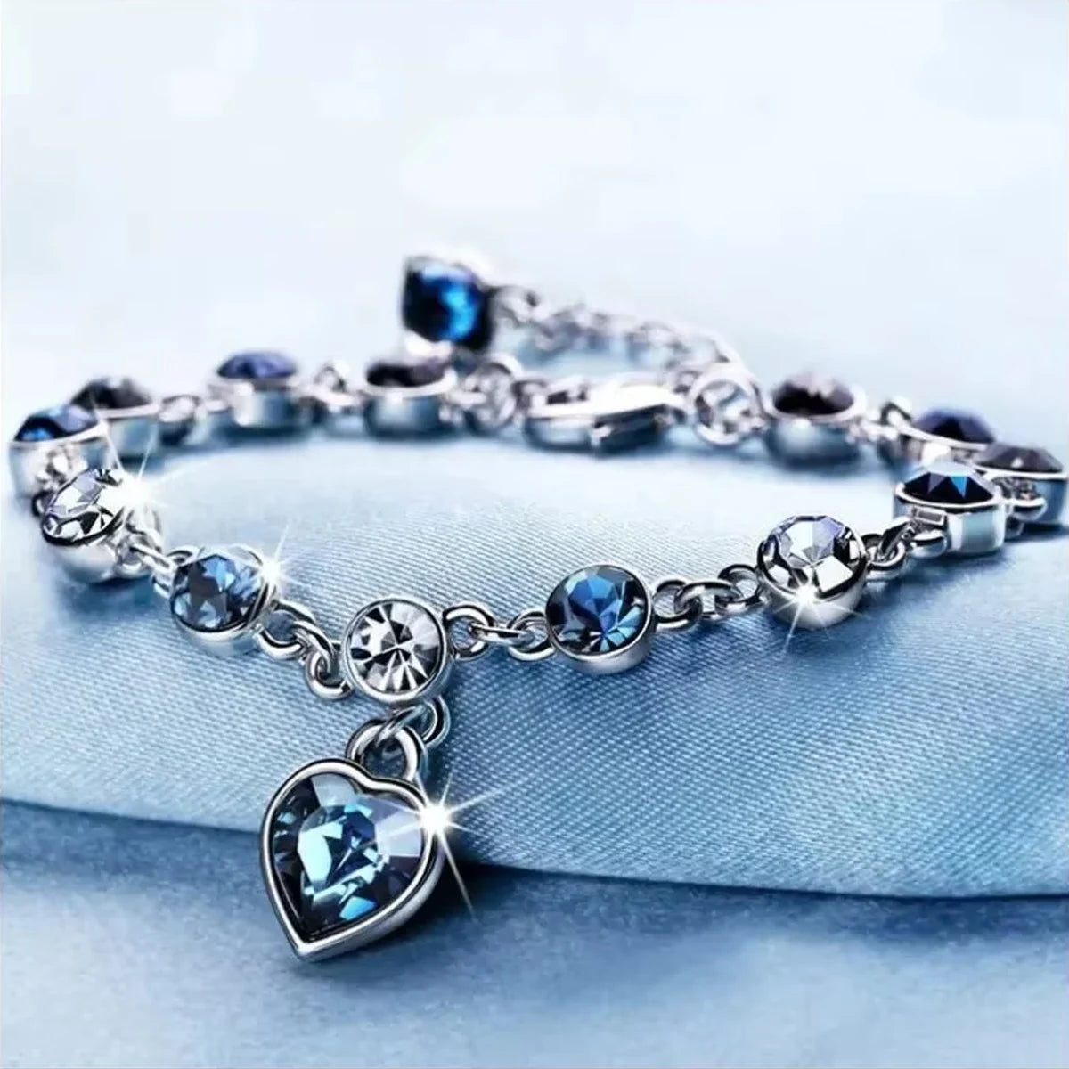 Women Silver Blue Crystal Heart Bracelet - Lucky Charm Pulseras for Bridal Wedding Engagement Fine Jewelry Gift