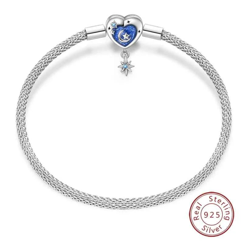 Silver 925 Moon Star Bracelet with Green Zircon - Adjustable 17-20CM Four Leaf Clover Charm Jewelry Gift