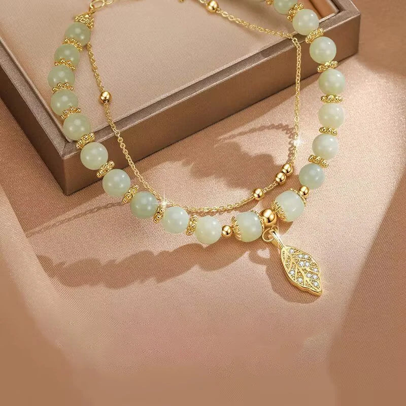 2026 Chinese Green Jade Bracelet for Women with Exquisite Gold Color Leaves – Double Chain Bangle Wrist Strap Gift for Girls