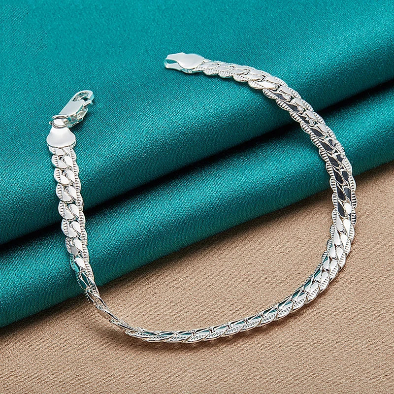 Fashion Hot 925 Silver Bracelet 6mm Flat Side Chain with Lobster Clasp for Women and Men, Perfect Wedding Engagement Jewelry Gift