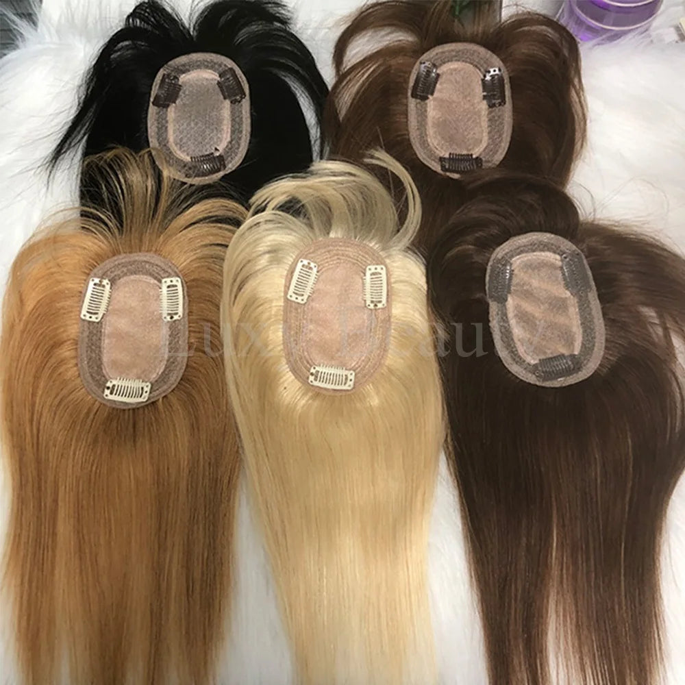 Brown Human Hair Topper with Bangs for Women - 8cmX12cm with Black Highlights for Blonde Skin, Clip-in Hair Piece
