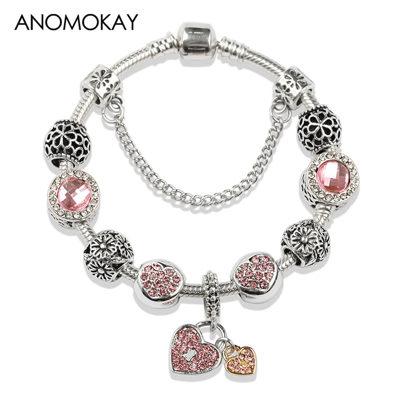 Valentine's Heart Crystal Bracelet - Elegant Pink Charm Bracelet for Loved Ones