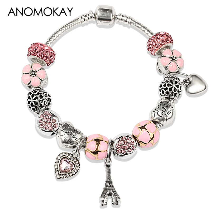 Valentine's Heart Crystal Bracelet - Elegant Pink Charm Bracelet for Loved Ones