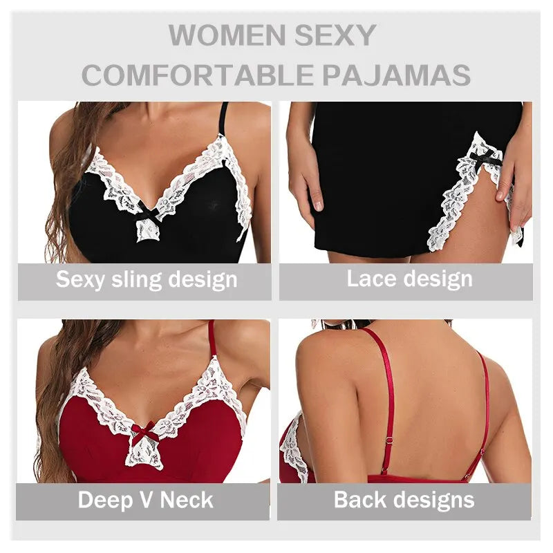 Sexy Lace Silk Satin Nightgown V-Neck Sleeveless Split Hem Soft Lingerie Sleepwear for Women