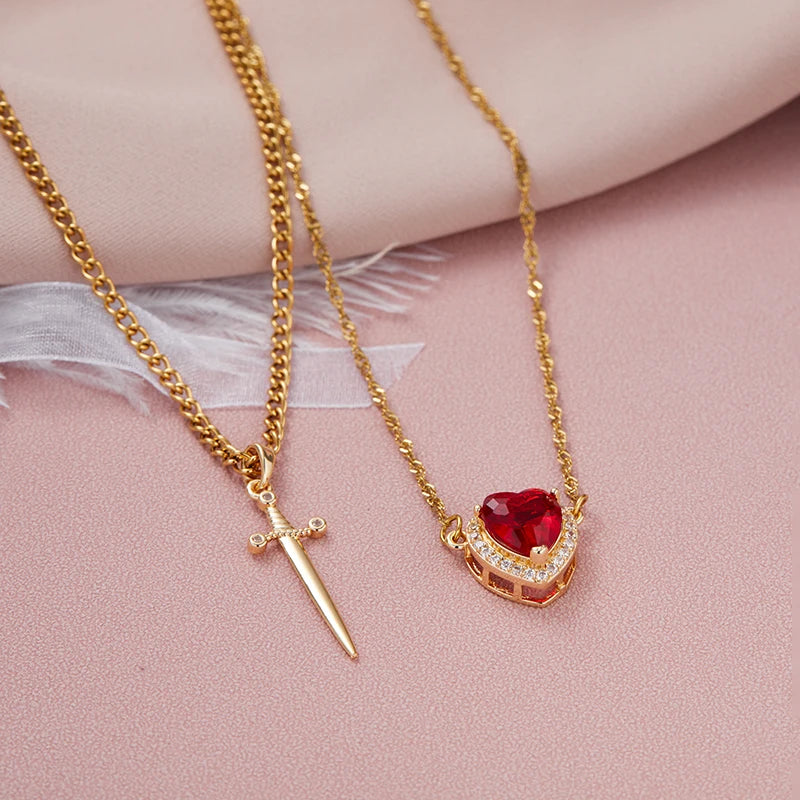 2PC Gothic Punk Couple Necklace with Sword Heart Dagger Pendant - Stylish Jewelry Gift for Ladies