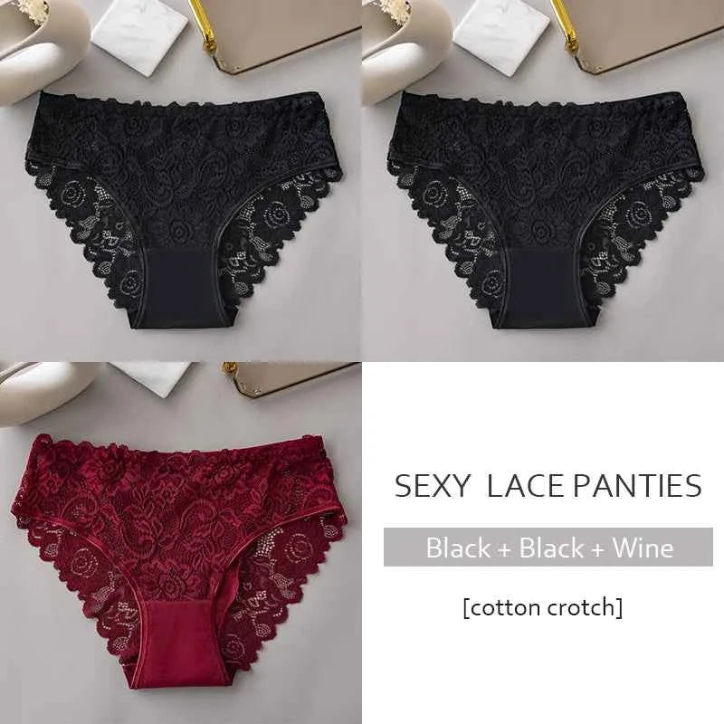 3PCS Set Luxury Floral Lace Panties Women Briefs Sexy Hollow Lingerie Breathable Underwear