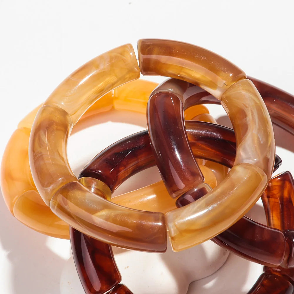 Fashion Acrylic Bracelet Set - 4PCS/Set Resin Amber Bamboo Bead Elastic Bangles Tube Beads Handmade 2024 Trendy Designer Bracelet Set