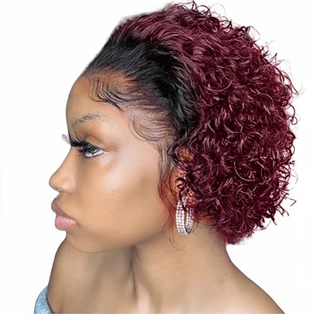Ombre Burgundy Lace Front Wig - 13x4 Short Curly Pixie Cut Glueless Pre Plucked Human Hair Wig for Black Women