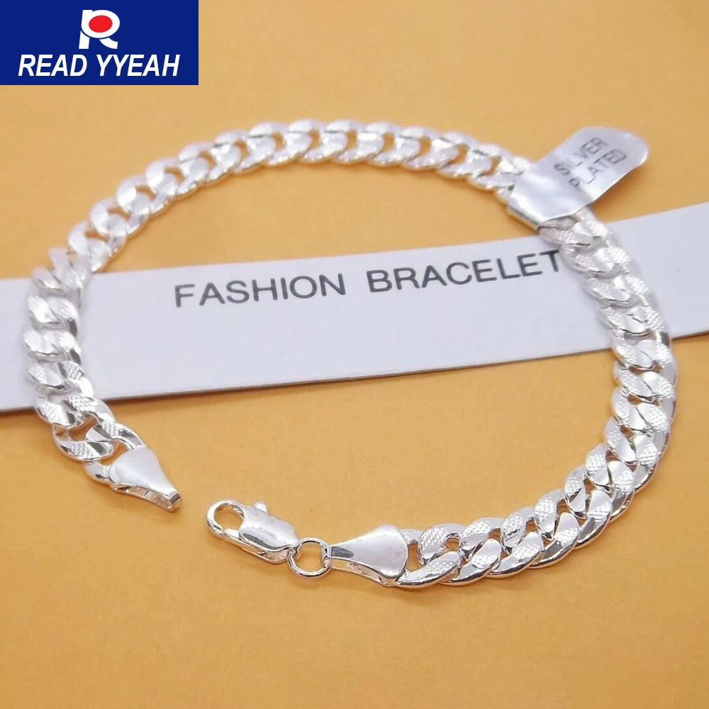 Fashion Hot 925 Silver Bracelet 6mm Flat Side Chain with Lobster Clasp for Women and Men, Perfect Wedding Engagement Jewelry Gift