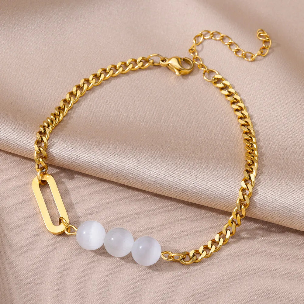 Gold Anklet for Women - Summer Beach Accessories Stainless Steel Imitation Pearl Chain Leg Bracelets Bodychain Gifts