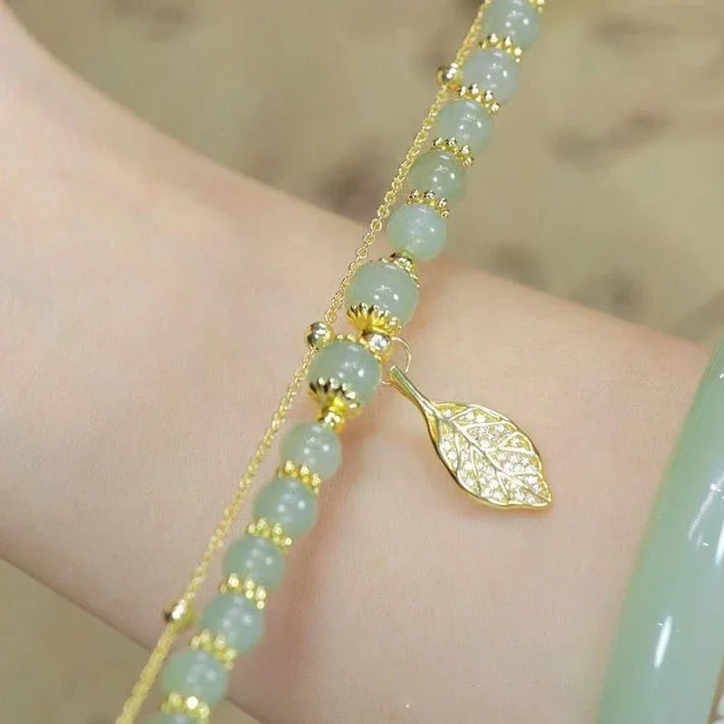 2026 Chinese Green Jade Bracelet for Women with Exquisite Gold Color Leaves – Double Chain Bangle Wrist Strap Gift for Girls