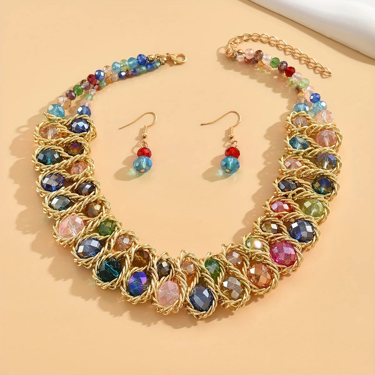 Boho Jewelry Set with Rhinestones: 1 Pair of Earrings + 1 Collar for Daily Party Accessories