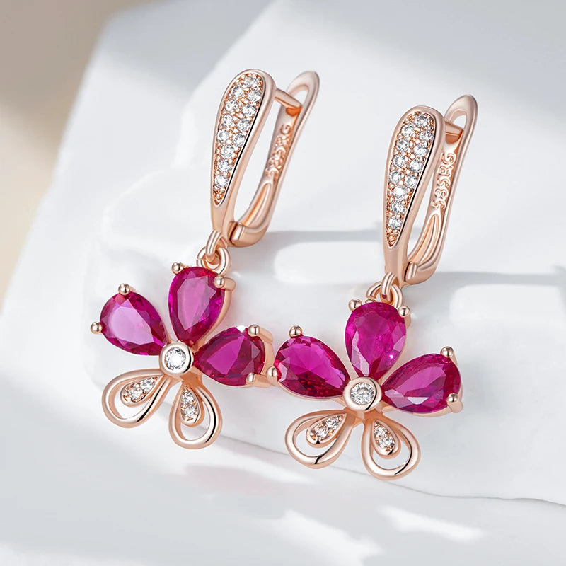Kinel Red Zircon Drop Earrings - Fashion 585 Rose Gold Color Crystal Flower Accessories for Women