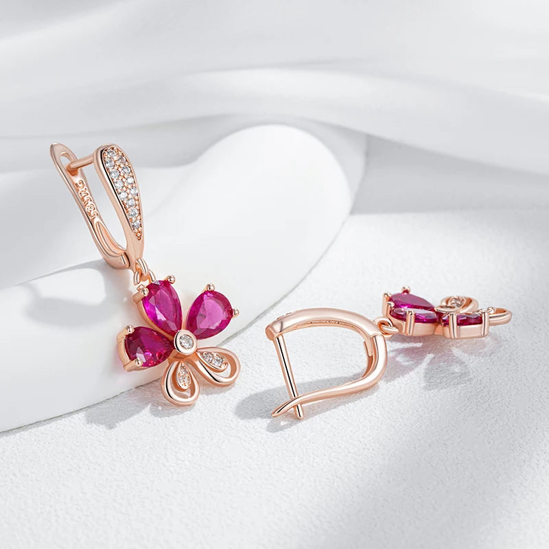 Kinel Red Zircon Drop Earrings - Fashion 585 Rose Gold Color Crystal Flower Accessories for Women