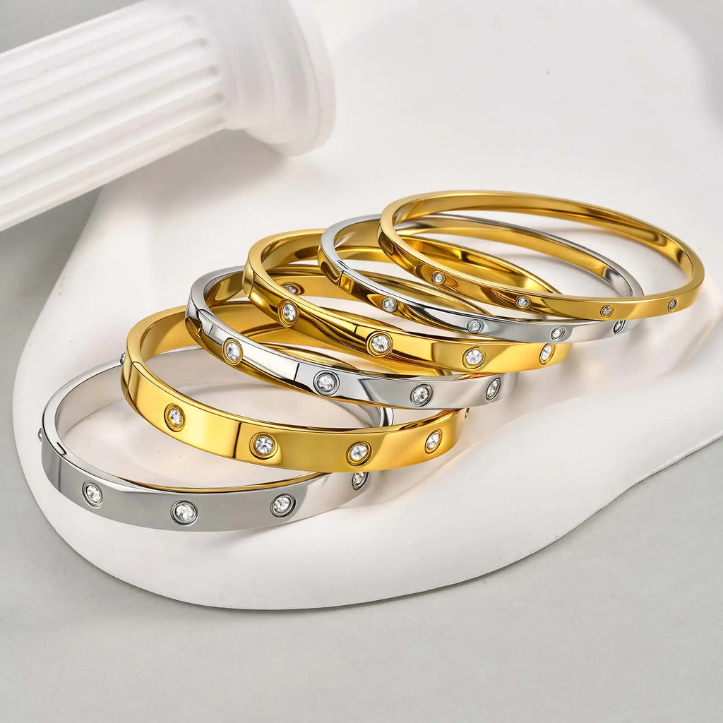 Cubic Zirconia Gold Stainless Steel Bangle – Premium Waterproof Accessory