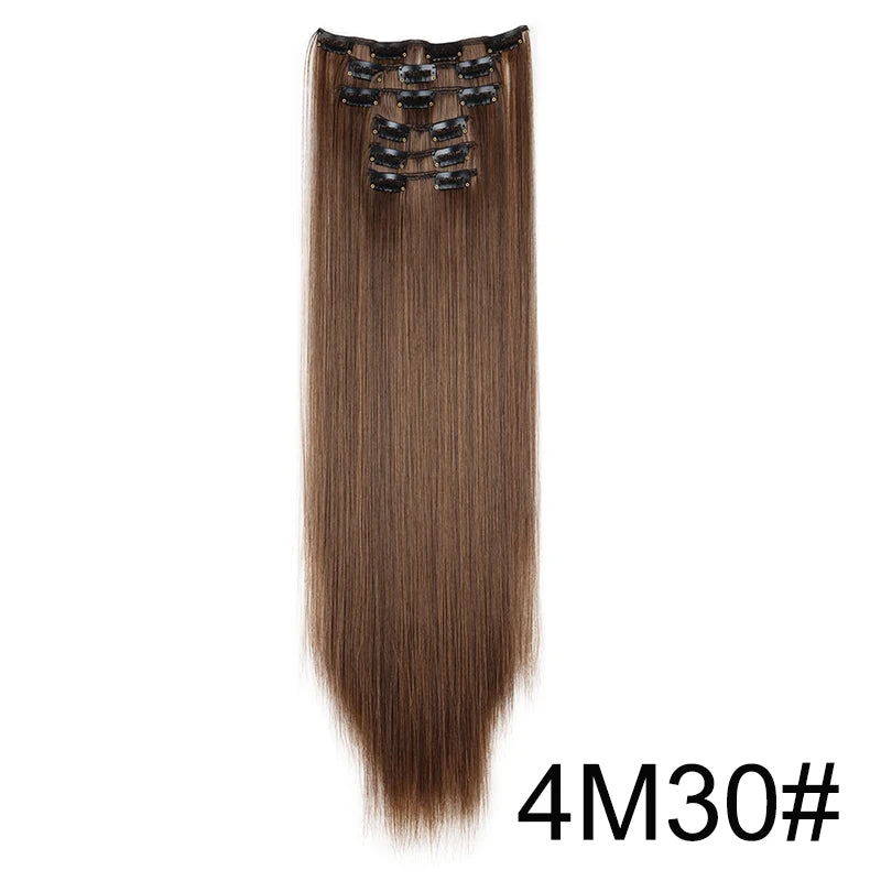 Synthetic Hair Extensions 24 Inch - 16 Clips Long Straight Hairstyle Blonde Black Heat Resistant Hairpieces for Daily Use