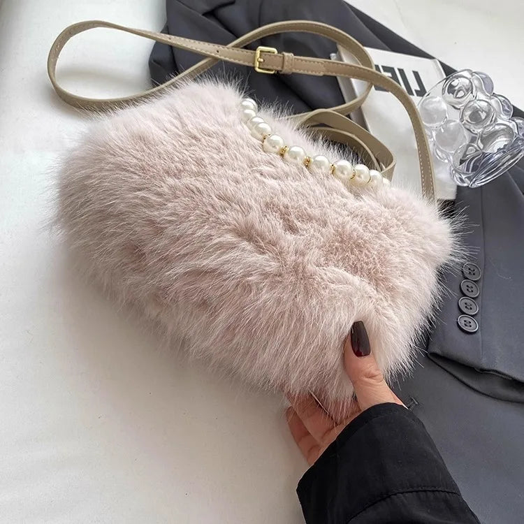 Winter Fashion Faux Fur Crossbody Bags with Pearl Chain Decor for Women’s Gifts, Ladies Handbags Top-Handle Style